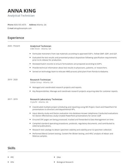 Analytical Technician Resume