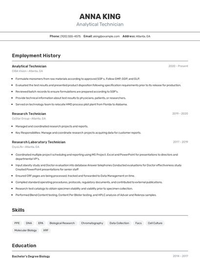 Analytical Technician Resume