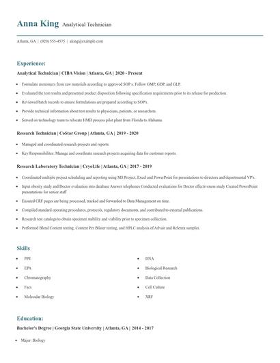 Analytical Technician Resume