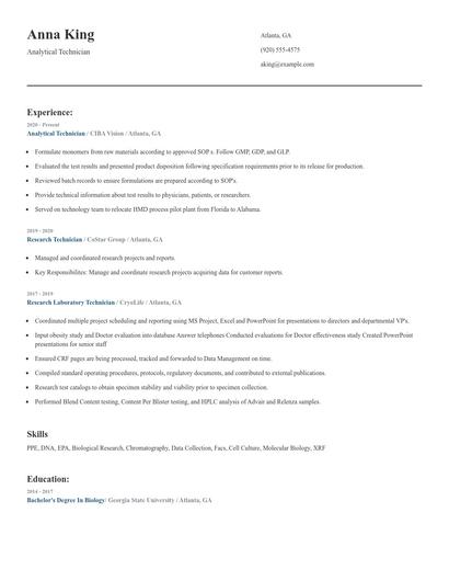 Analytical Technician Resume