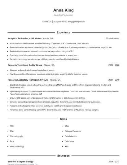 Analytical Technician Resume