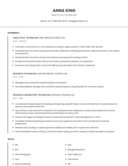 Analytical Technician Resume