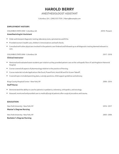 Anesthesiologist Assistant Resume