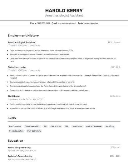 Anesthesiologist Assistant Resume