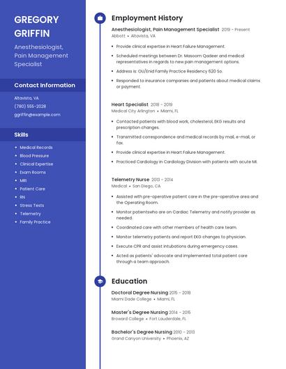 Anesthesiologist, Pain Management Specialist Resume