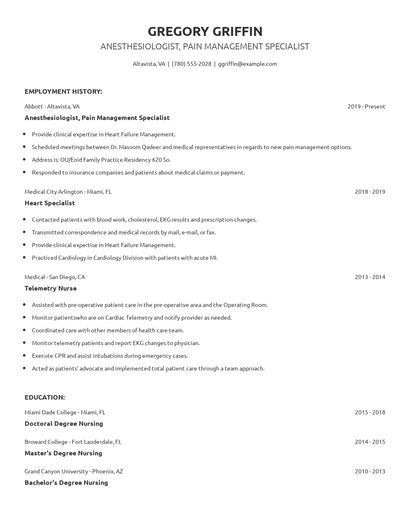 Anesthesiologist, Pain Management Specialist Resume