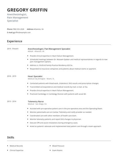 Anesthesiologist, Pain Management Specialist Resume