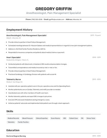 Anesthesiologist, Pain Management Specialist Resume