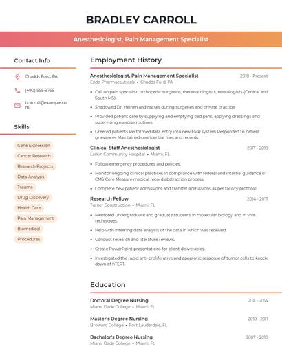 Anesthesiologist, Pain Management Specialist Resume