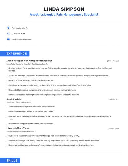 Anesthesiologist, Pain Management Specialist Resume