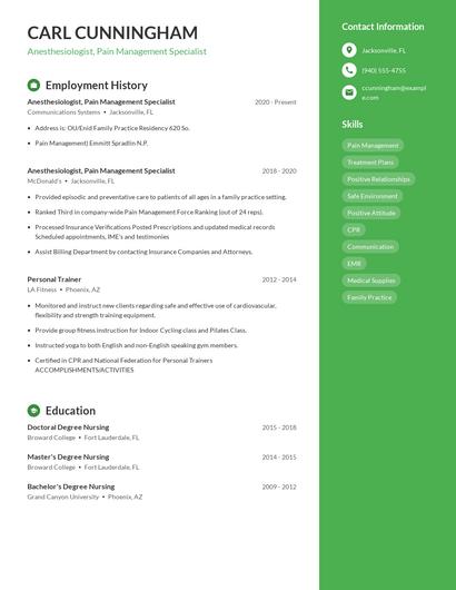 Anesthesiologist, Pain Management Specialist Resume