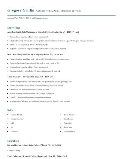 Anesthesiologist, Pain Management Specialist Resume