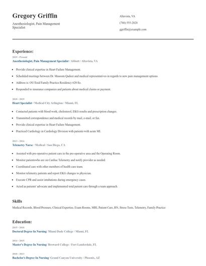 Anesthesiologist, Pain Management Specialist Resume