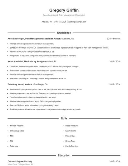 Anesthesiologist, Pain Management Specialist Resume