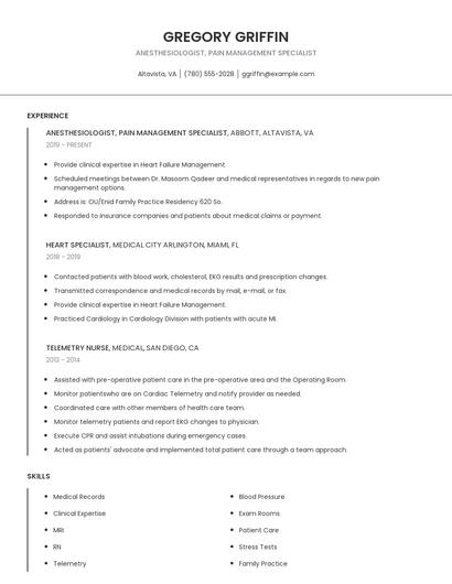Anesthesiologist, Pain Management Specialist Resume