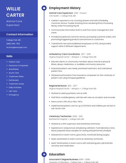 Animal Care Supervisor Resume