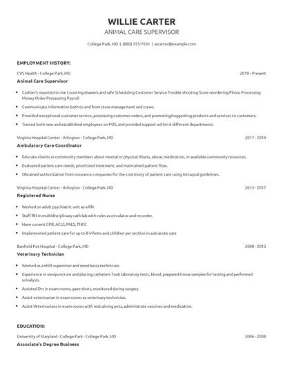 Animal Care Supervisor Resume