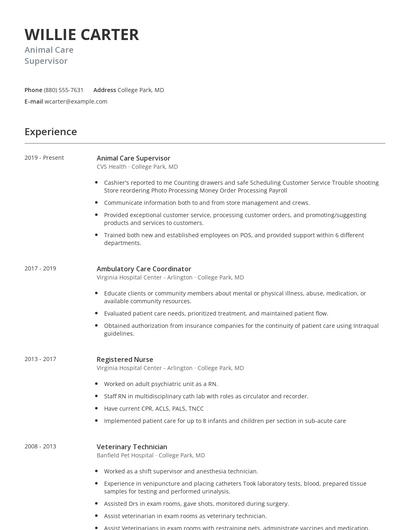 Animal Care Supervisor Resume