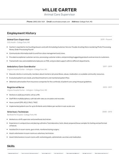 Animal Care Supervisor Resume