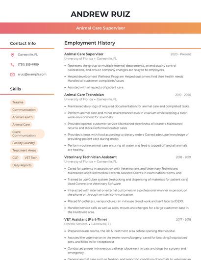 Animal Care Supervisor Resume