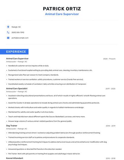 Animal Care Supervisor Resume