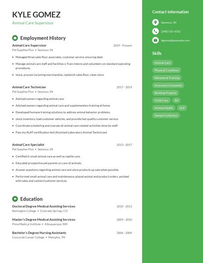Animal Care Supervisor Resume