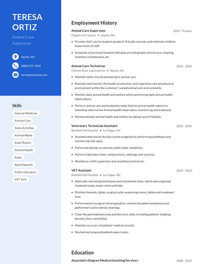 Animal Care Supervisor Resume