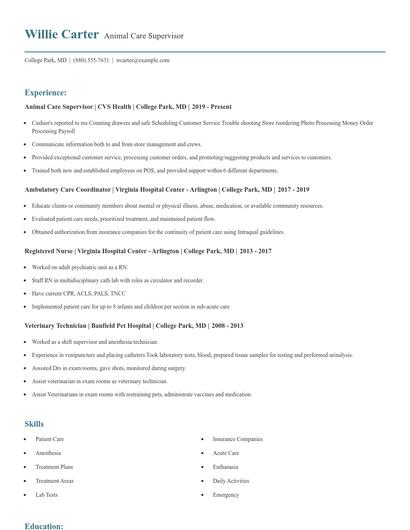 Animal Care Supervisor Resume