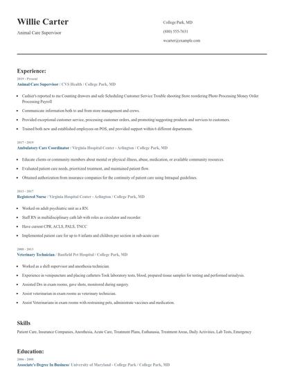 Animal Care Supervisor Resume