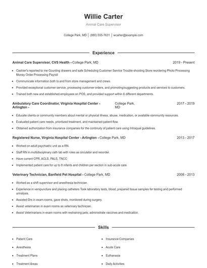 Animal Care Supervisor Resume
