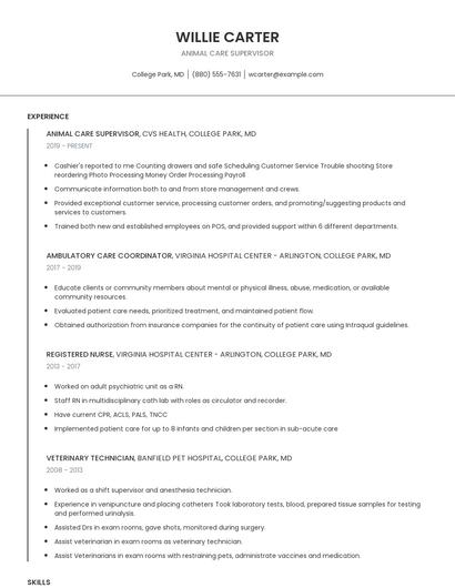Animal Care Supervisor Resume
