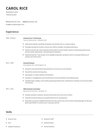 Animal Care Technician Resume