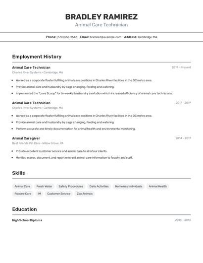 Animal Care Technician Resume