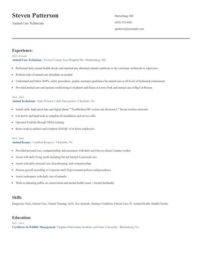 Animal Care Technician Resume