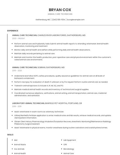 Animal Care Technician Resume