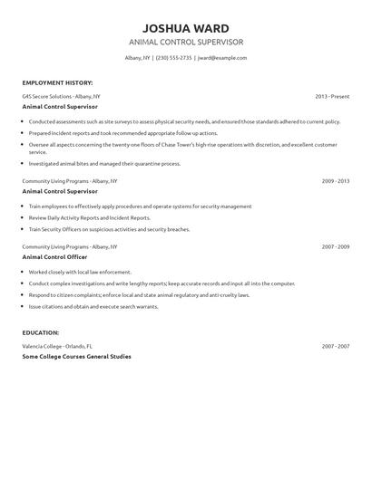 Animal Control Supervisor Resume
