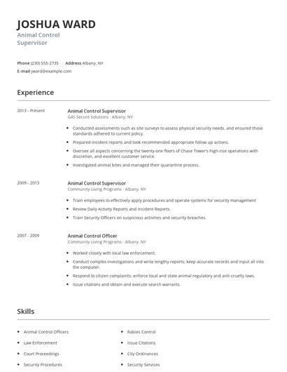 Animal Control Supervisor Resume