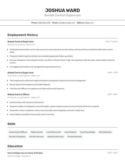 Animal Control Supervisor Resume