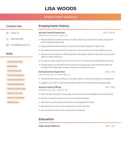 Animal Control Supervisor Resume