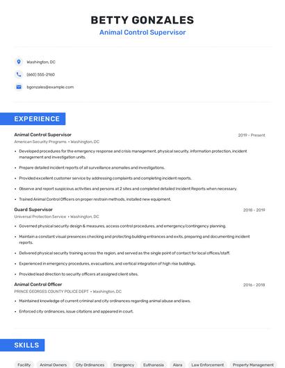 Animal Control Supervisor Resume
