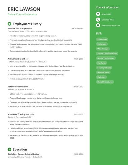 Animal Control Supervisor Resume