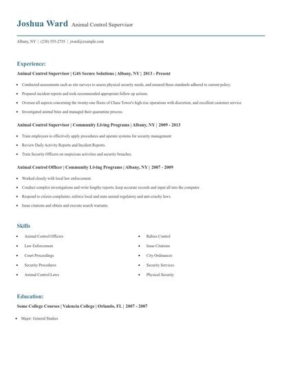 Animal Control Supervisor Resume