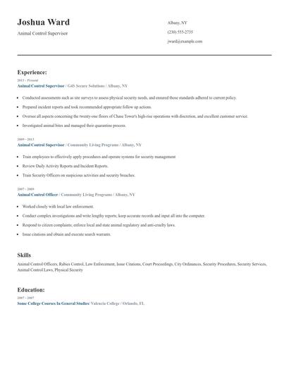 Animal Control Supervisor Resume