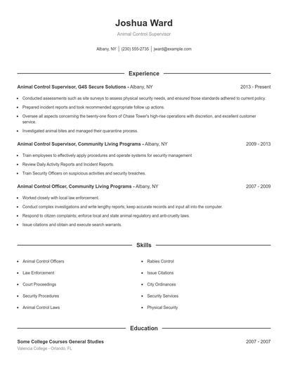Animal Control Supervisor Resume