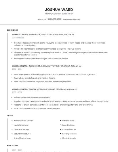 Animal Control Supervisor Resume
