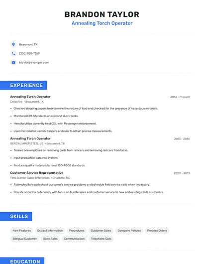 Annealing Torch Operator Resume