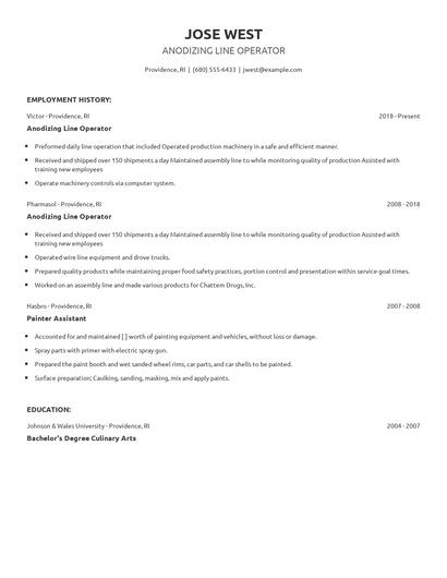 Anodizing Line Operator Resume