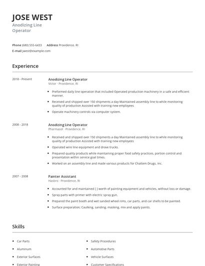 Anodizing Line Operator Resume