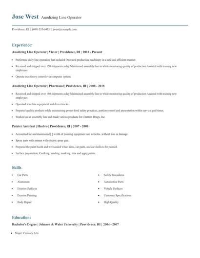 Anodizing Line Operator Resume