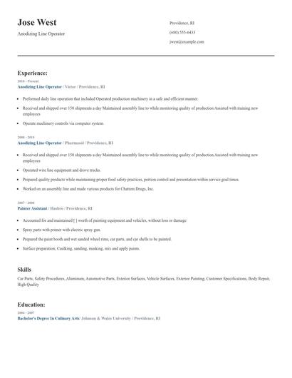 Anodizing Line Operator Resume